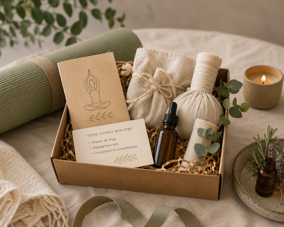 Coffret bien-être avec tapis, huiles essentielles et bougie