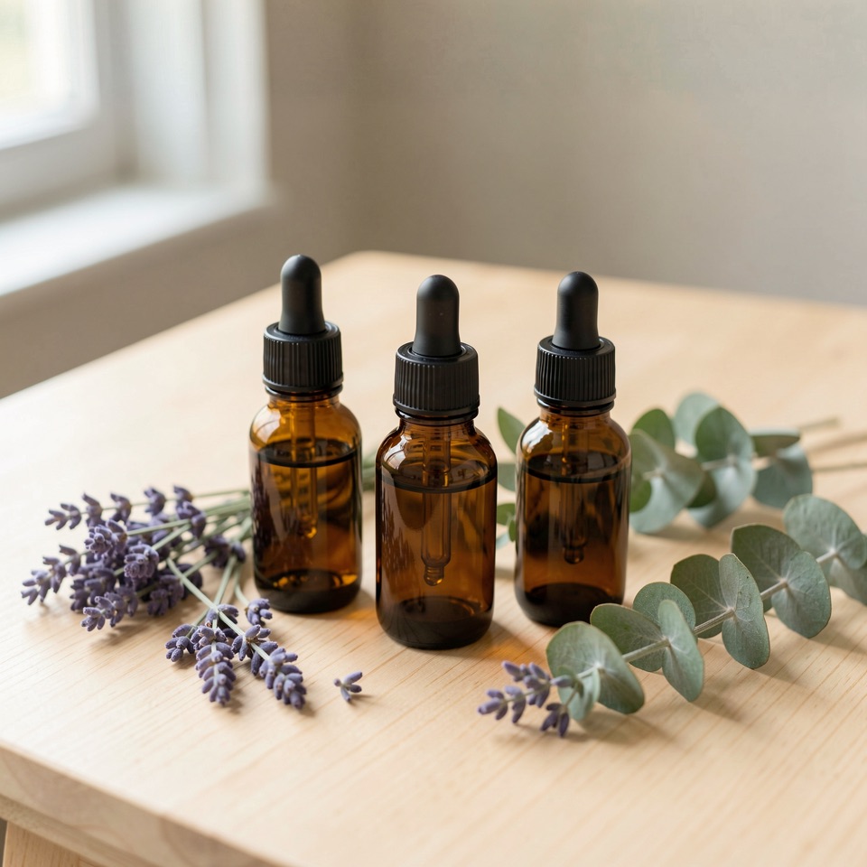 Trois flacons d'huiles essentielles, lavande et eucalyptus sur une table en bois