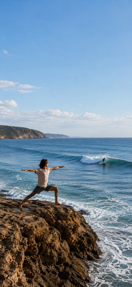 Posture du guerrier sur un rocher face à un surfeur dans les vagues